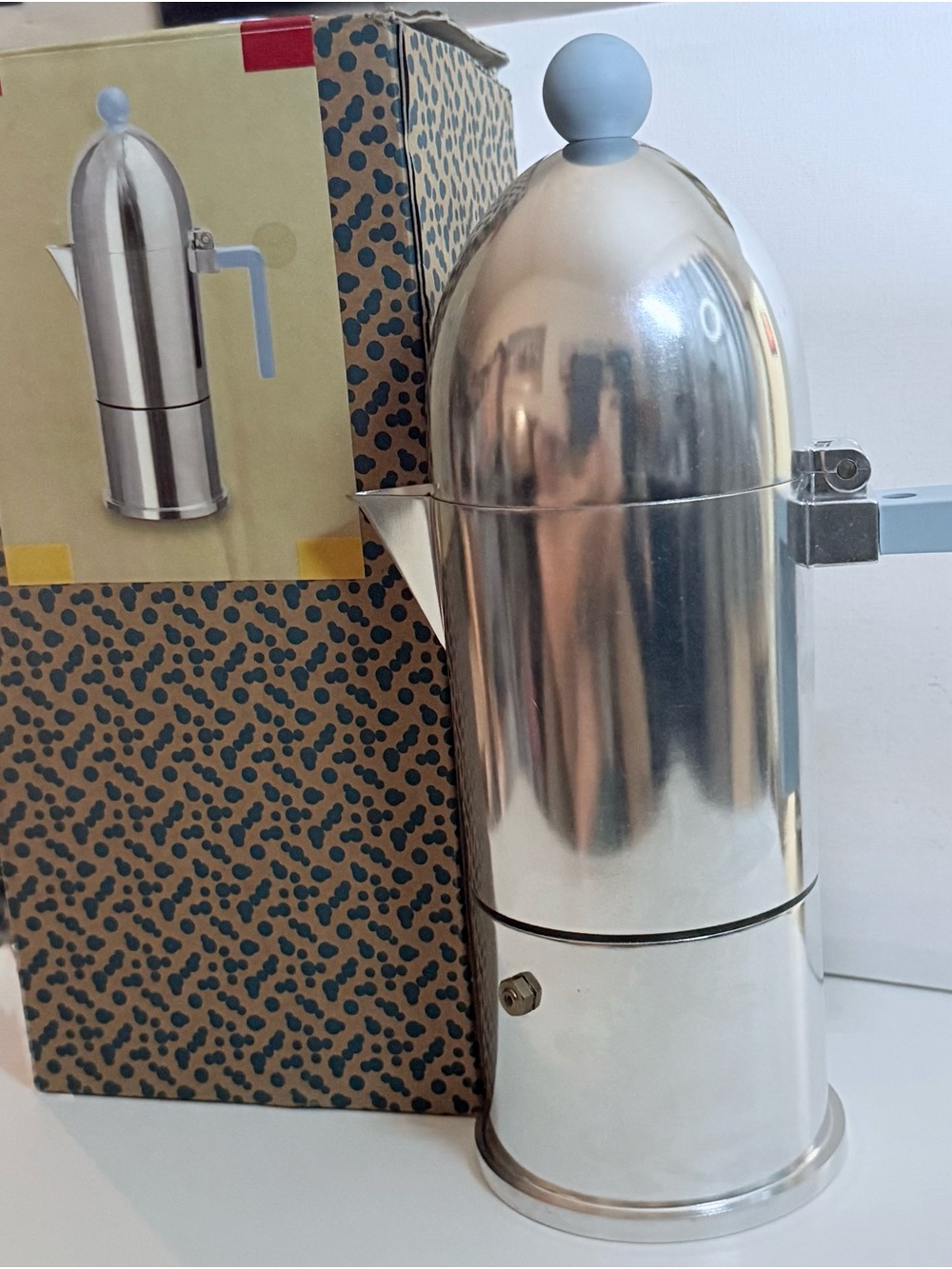 Alessi Stainless Steel Espresso Maker with Light Blue Handle and Knob